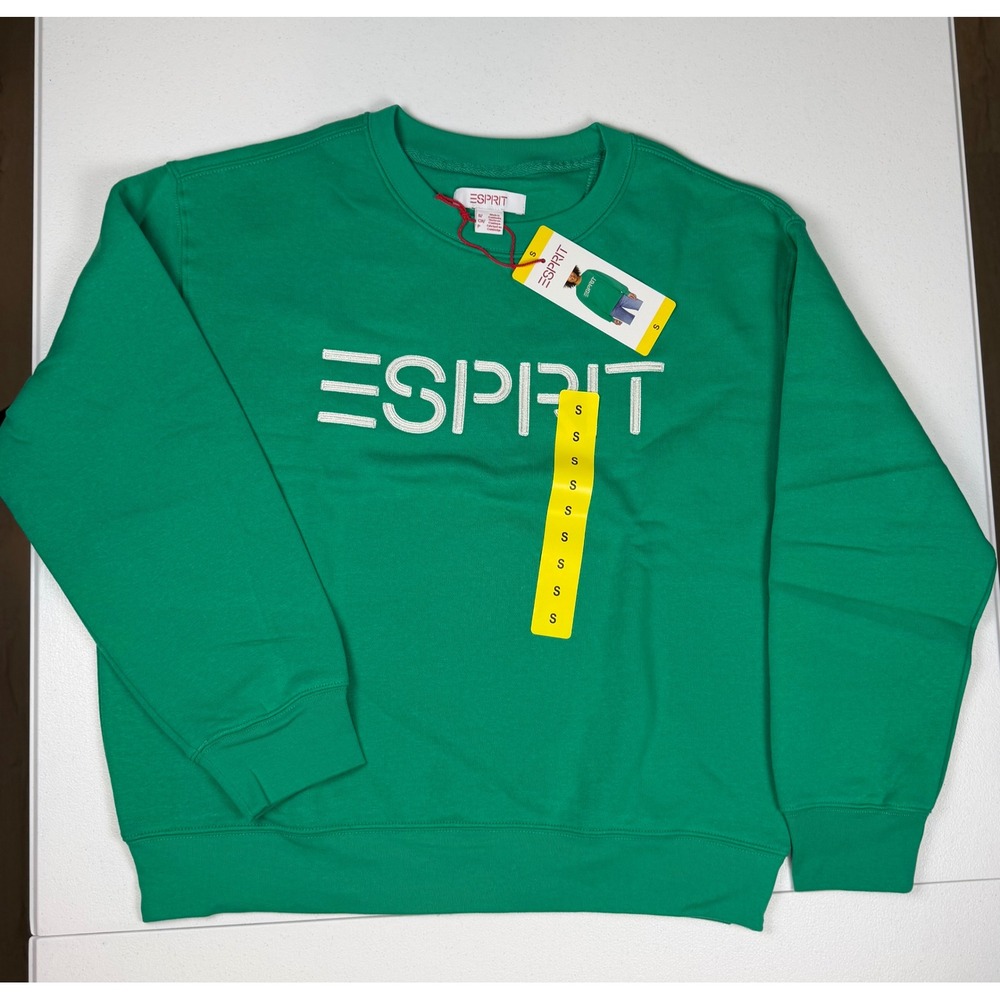 NEW ESPRIT Womens Small Retro Logo Fleece Crew Sweatshirt Green Viral Costco 80s